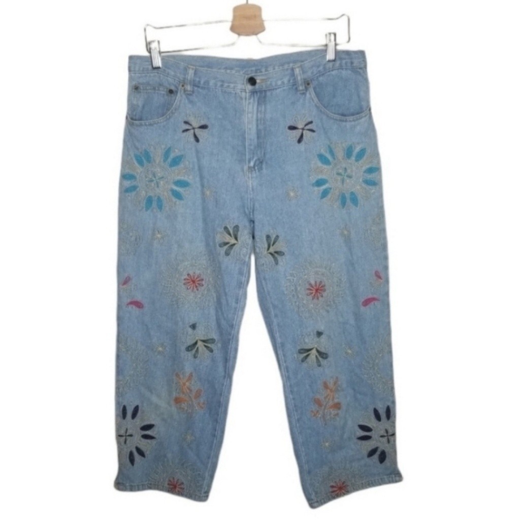 Vintage 90s Y2K floral embroidered cropped pants high waist 14 Capri CLIO