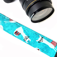 Llama in Glasses Camera Strap - Llama on Blue -Double Padded Comfortable Camera