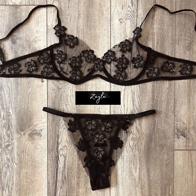 Black Embroidered Lingerie Sexy Lounge Set Small UK 6-8 | eBay