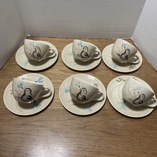 Red Wing Pottery Bob White Quail 1950’s Mid Century  set of 6 cups and saucers