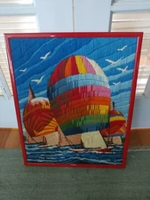 SAILBOATS Crewell Longstitch Needlework  17 x 21  Mounted Framed VIBRANT COLORS!