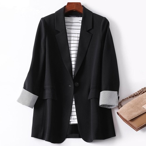Womens Button Long Sleeve Splice Blazer Casual Office Work Suit Jackets Coat - Picture 5 of 13
