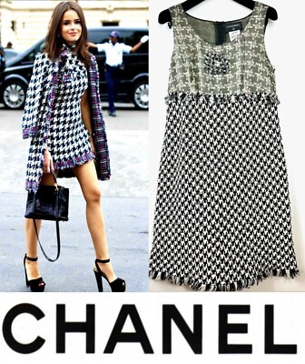 4K Chanel Vintage 2010 White Black Midi Houndstooth Work Dress 38