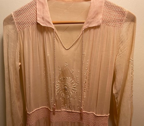 Antique 1920's PINK Crochet and Embroidered Eyelet Dress from France Size Small - Picture 3 of 21
