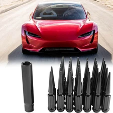 24PCS Spike Lug Nuts Closed End 14 x 1.5 4.4" Tall w/Key For Tesla Model 3 S X Y