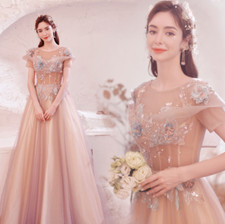 Luxurious Pink Embroidery Flowers Tulle Princess Dresses Bride Wedding Gown