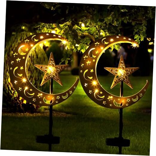 2 Pcs Ramadan Solar Lights Mubarak Moon Garden Solar Lights Antique Hollow Star