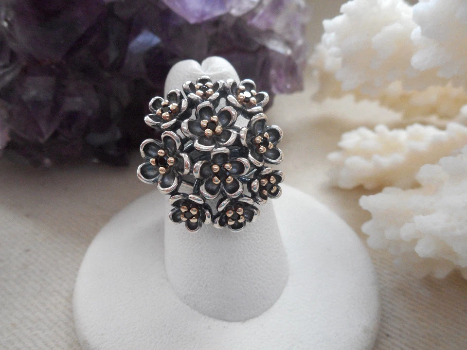 Pandora ALE Sterling Silver Black Spinel Flower Ring W/ Box size 6 901K - Image 2 of 4