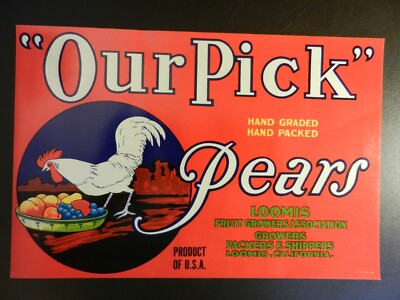 VINTAGE ''OUR PICK'' PEARS UNUSED LABEL.  10 3/4'' X 7 1/4''