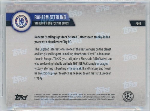 2022-23 TOPPS NOW UCL #PS09 PURPLE 36/99 PARALLEL RAHEEM STERLING BGS BLACK 10 - Picture 2 of 2
