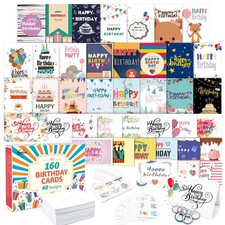 feela Birthday Cards, 160 Pack 40 Designs Happy Birthday Card Assorted Bulk with