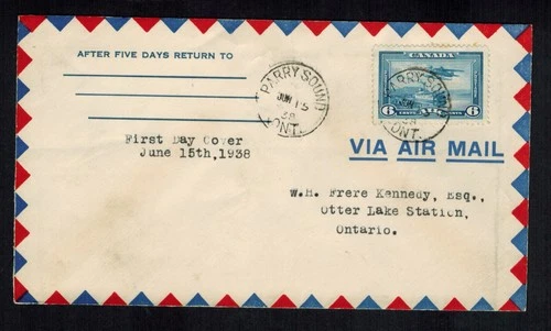 Canada #C6, 1938 6¢ Monoplane Airmail FDC Parry Sound to Otter Lake Stn Uncommon