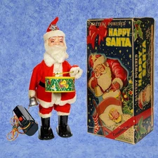 1950s DRUMMING SANTA in BOX Christmas Battery TIN TOY by ALPS Nice!