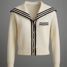 Rachel Zoe Sailor Collar Knit Cardigan White Navy Trim Gold Buttons Women’s L