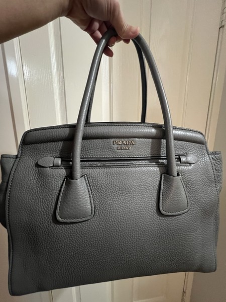 Prada Vitello Daino Grey Leather Satchel Top Handle Bag Zip Strap Silver