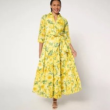Carla Rockmore Lemon Print Midi Shirt Dress Medium Belted Cotton Statement Dress