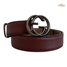 Authentic Gucci Dark Maroon Calfskin Leather Interlocking G Buckle Belt 85/34