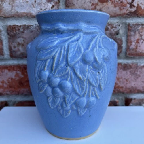 Vintage Hull Pottery Stoneware Vase Cherries Blue Cherry 1930s