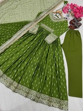 Latest Heavy Pure Chinnon Gown Bottom With Green Dupatta For Women / Girls
