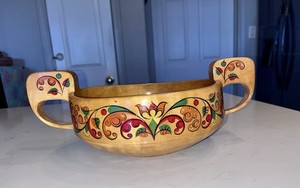 VTG 80’s Russian folk art hand made Khokhloma painted wooden bowl w/ handles 11”