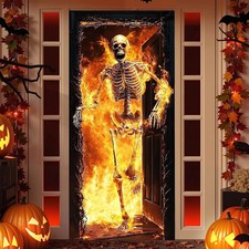 Halloween Decorations Door Cover, Large Scary Skeleton Escaping Fire Realistic B