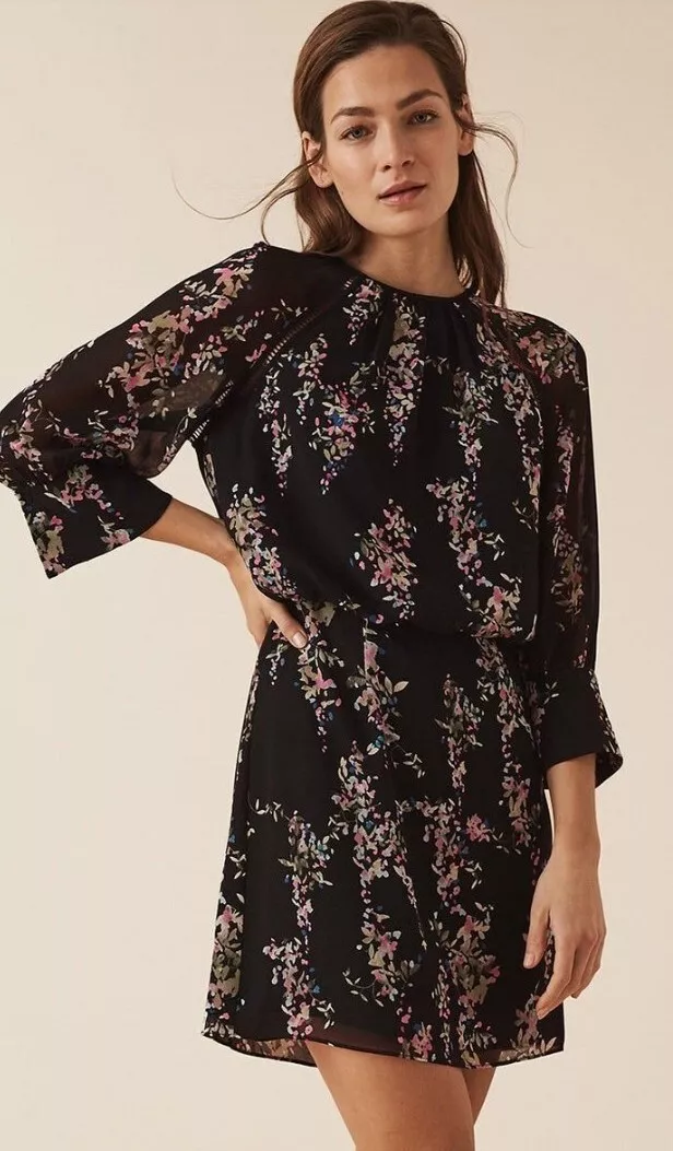 Designer REISS Roma dress size 6 BRAND NEW black floral 3 4 sleeve lined