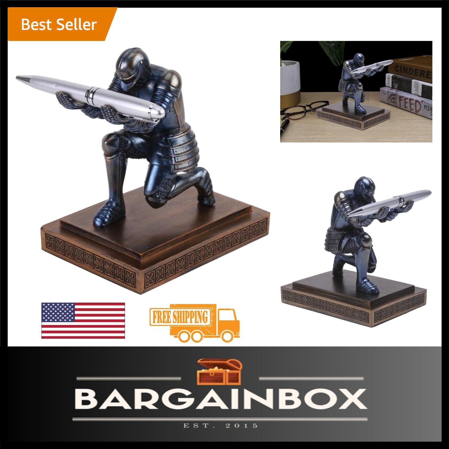 HDMbigmi Centurion Mantel Warrior Knight pennenhouder Mobiele Telefoon Stand Bureau Organisatoren en Accessoires als Cadeau voor Kantoor en Thuis ( Blauw