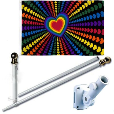 Rainbow Love 3 x 5 FT Flag w/ 6-Ft Spinning Flag Pole + Bracket (Tangle Free)