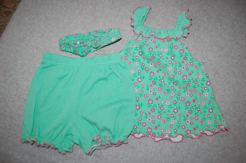 Baby Girls DRESS BLOOMERS HEADBAND 3 Pc Set MINT GREEN Pink Flowers 3-6 MO