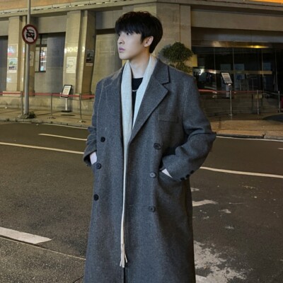 Winter Mens Korean Style Long Wool Blend Blazer Jacket Trench
