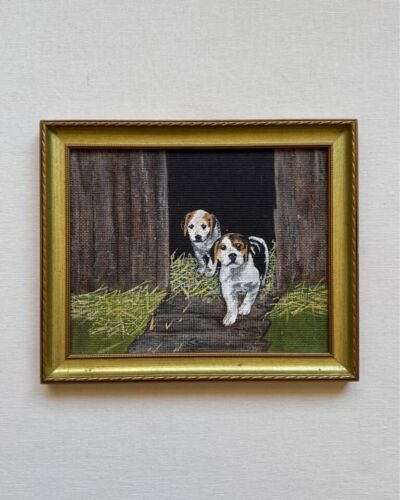 Vintage 1975 Beagle Dog Puppies Barn Door Original Acrylic Framed Art Painting