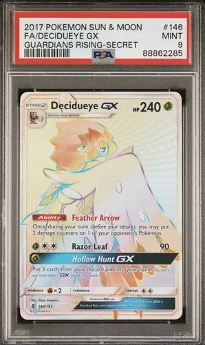 2017 Pokémon Sun & Moon Decidueye GX 146 Guardians Rising Rainbow Rare PSA 9