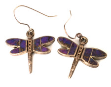 Vtg Earrings MARKED G ZUNI 925 STERLING SILVER Pierced Dangle Dragonfly Purple