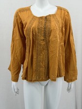 Natural Life Top Womens Medium Mustard Boho Crochet Trim Peasant Summer Prairie