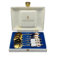 Set of 6 Norge Sterling Silver Enamel Hardanger Spoons W/ David Andersen Box