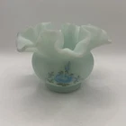 Vtg Fenton Blue Custard Glass Ruffled Floral Blue Vase - F Burton