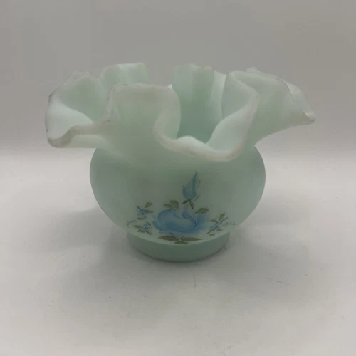 Vtg Fenton Blue Custard Glass Ruffled Floral Blue Vase - F Burton