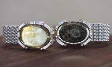 VINTAGE SWANK SILVER TONE WRAP AROUND MESH CUFFLINKS GREEN OVAL