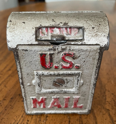 Vintage Cast Iron U.S. MAIL  box bank silver with red letters