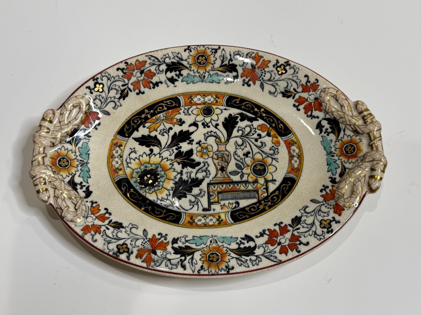 Antique English Ironstone B4107 Imari Floral Serving Dish Gilt Handles 8 3/4"