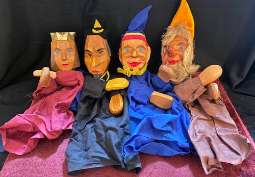 Vintage Wood Hand Carved Head Puppets Lot Of 4 King's (Wood Hands)