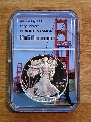 2019-S PF70 Ultra Cameo Silver Eagle Golden Gate Bridge Core Early Releases