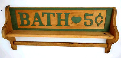 Handmade Bathroom Towel Rail Bar Wall Shelf 'Bath 5 Cents' Rustic Country Cabin