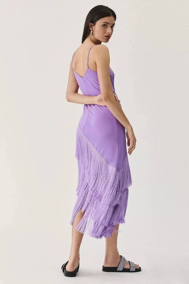 Anthropologie Delfi Collective Asym Fringed Silk Party Dress Purple XS NWT $475 - Image 3 of 4