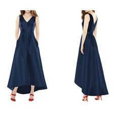 NWT ALFRED SUNG Size 16R Satin High/Low Gown Navy MSRP $231