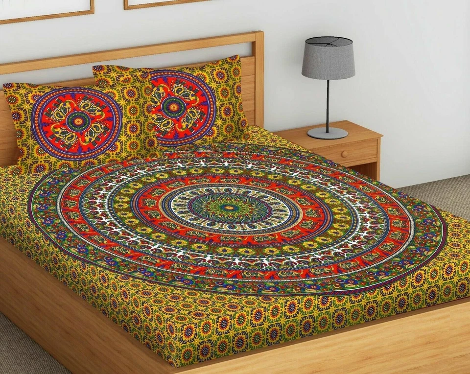 Indian Floral Elephant Mandala Cotton Double Size Jaipuri BedSheet With 2 Pillow - Image 2 of 4
