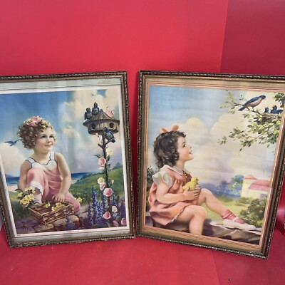 Vintage art Girl Birds house Flowers, by Mabel Rollings Harris Lot 2