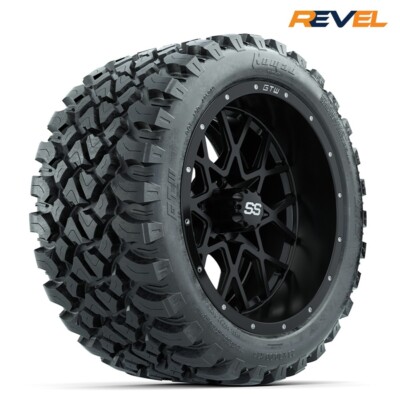 Set of 4, 14'' GTW Vortex Matte Black Golf Cart Wheels on 23x10R14 Nomad AT Tires