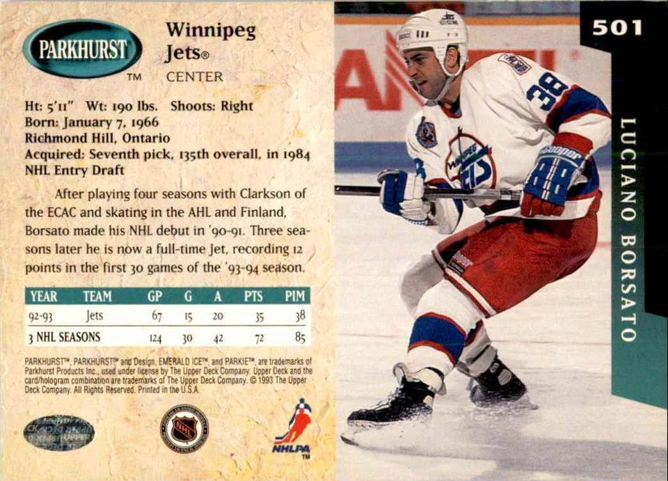 1993-94 PARKHURST LUCIANO BORSATO WINNIPEG JETS #501 - Image 2 of 2