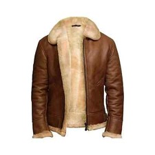 Men's 100% Sheepskin Brown Aviator B3 Bomber Jacket Faux Fur Lined Winter Coat